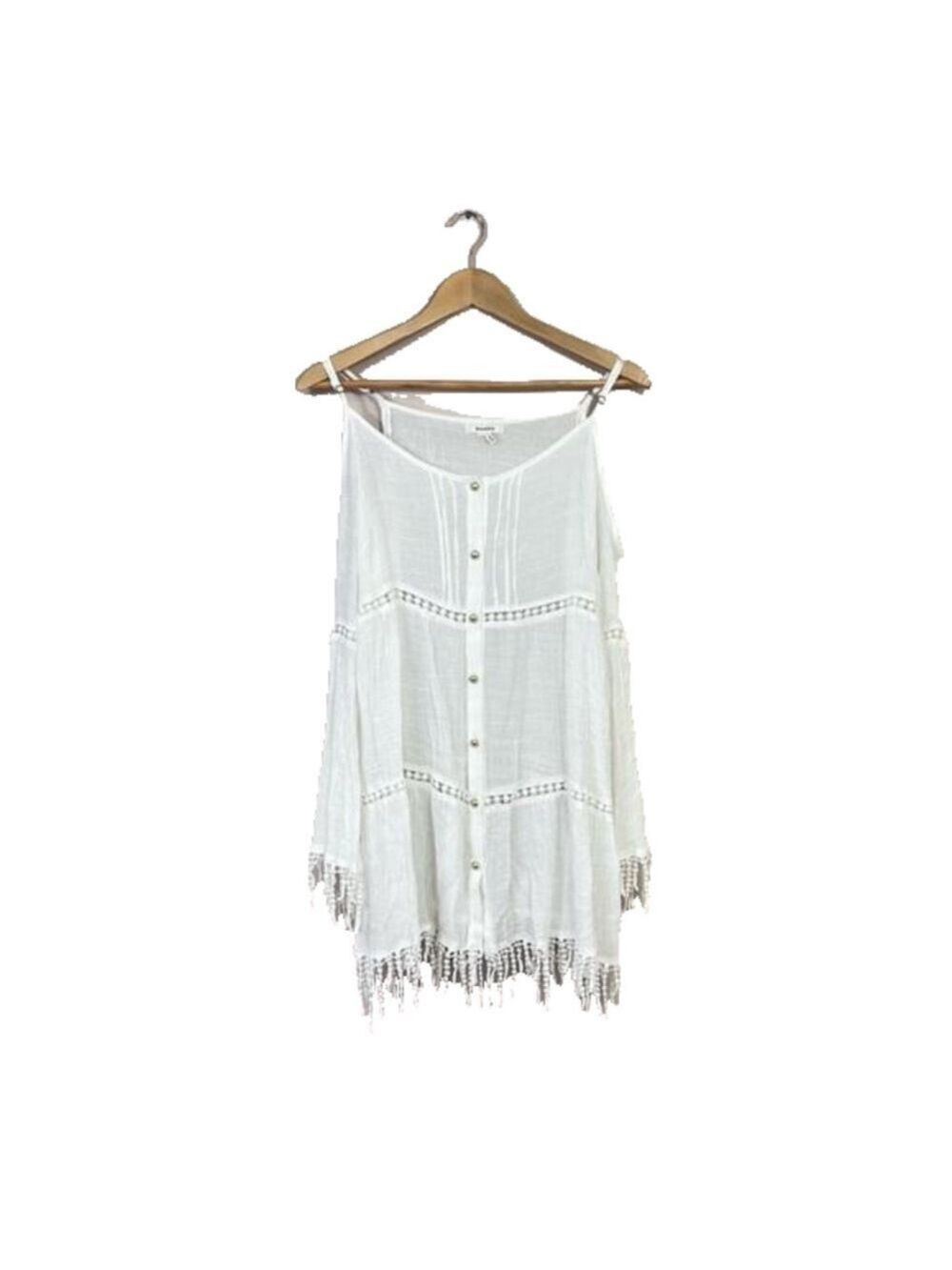 Soieblu Beige Floral Cold Shoulder Long Sleeve Fringe Mini Dress Size M